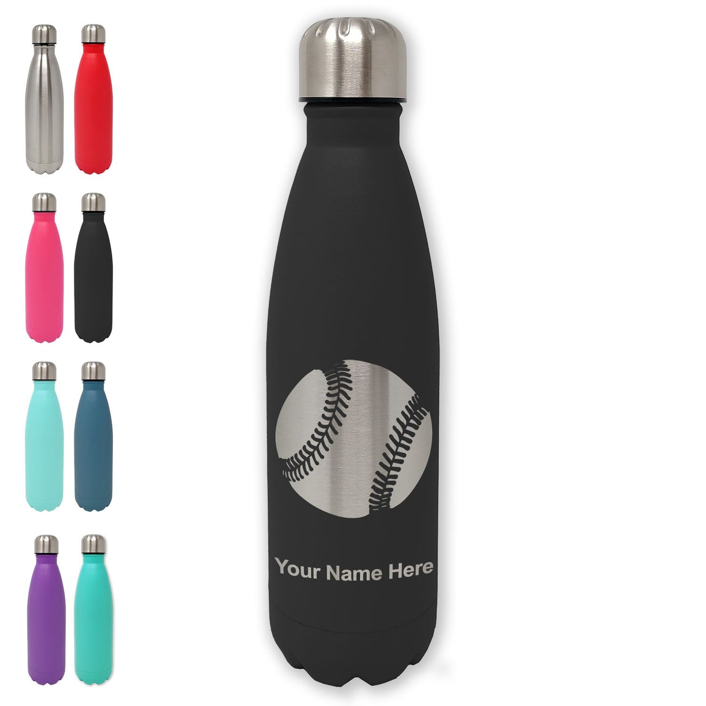 LaserGram Double Wall Water Bottle, Baseball Ball, Personalized Engraving Included