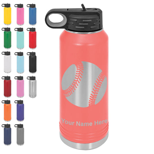 LaserGram 32oz Double Wall Flip Top Water Bottle with Straw, Baseball Ball, Personalized Engraving Included