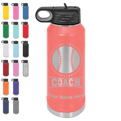 LaserGram 32oz Double Wall Flip Top Water Bottle with Straw, Baseball Coach, Personalized Engraving Included