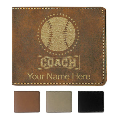 Faux Leather Bi-Fold Wallet, Baseball Coach, Personalized Engraving Included