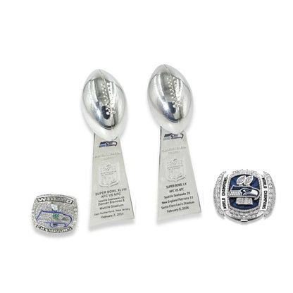 Seattle Football Championship Trophy & Ring Set – 2013 & 2025 Season Replica Collection