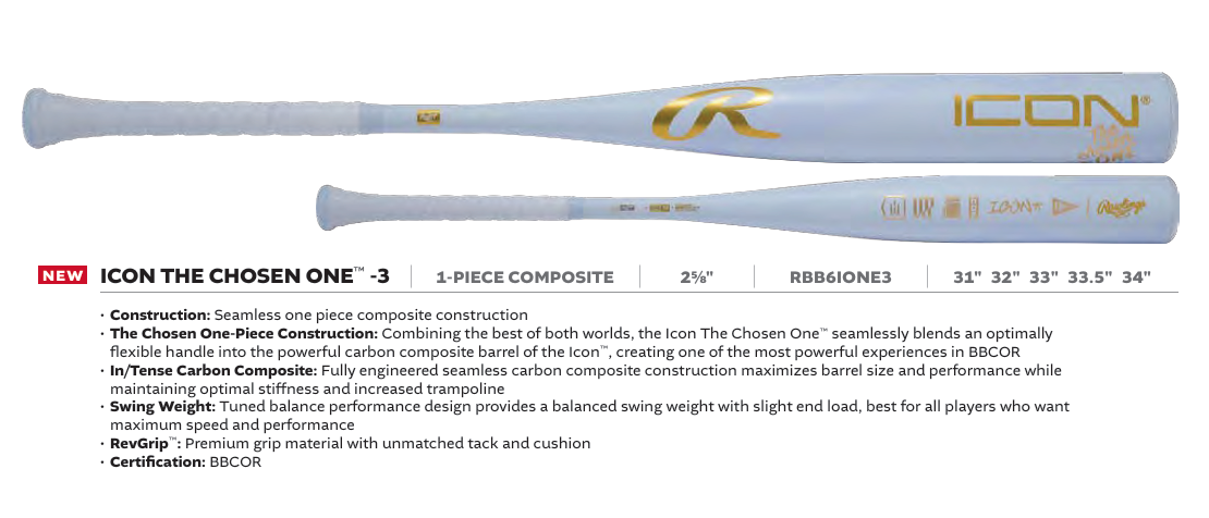 Rawlings 2026 Icon The Chosen One BBCOR Baseball Bat RBB6IONE3