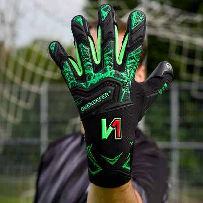Legacy Black/Green Goalkeeper Gloves with Hybrid Flat-Roll Finger Cut