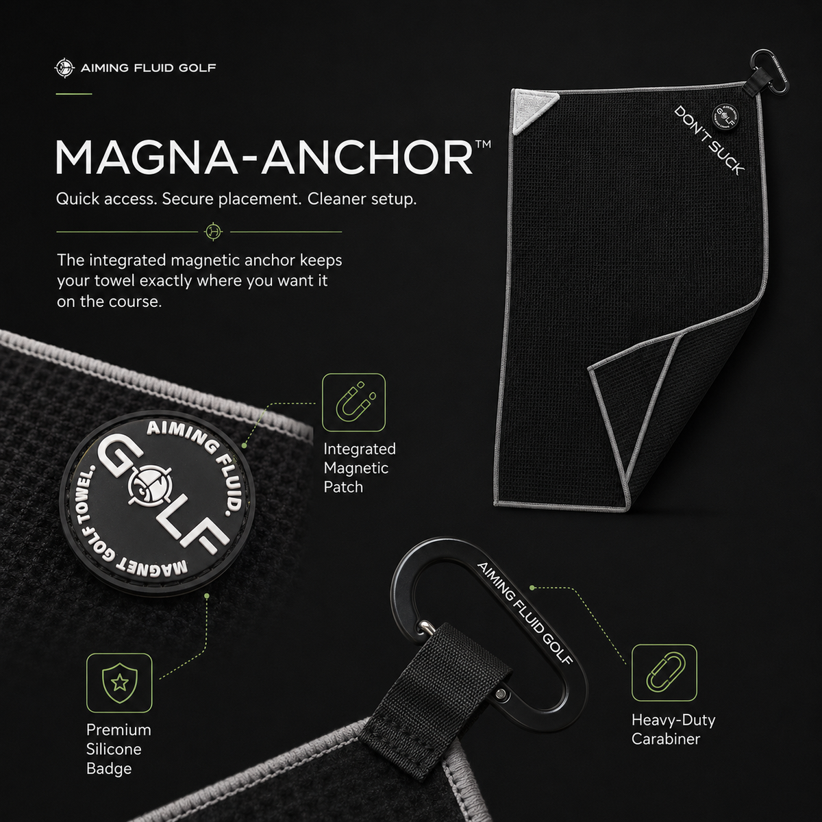 Don't Suck Magna-Anchor™ Stubby Magnetic Golf Towel - Black / Grey