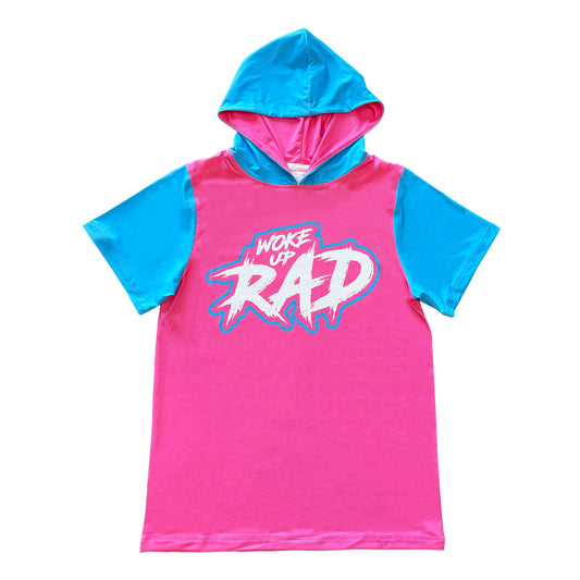 Woke Up RAD - Premium Short Sleeve Hooded Tee (Pink/Blue)
