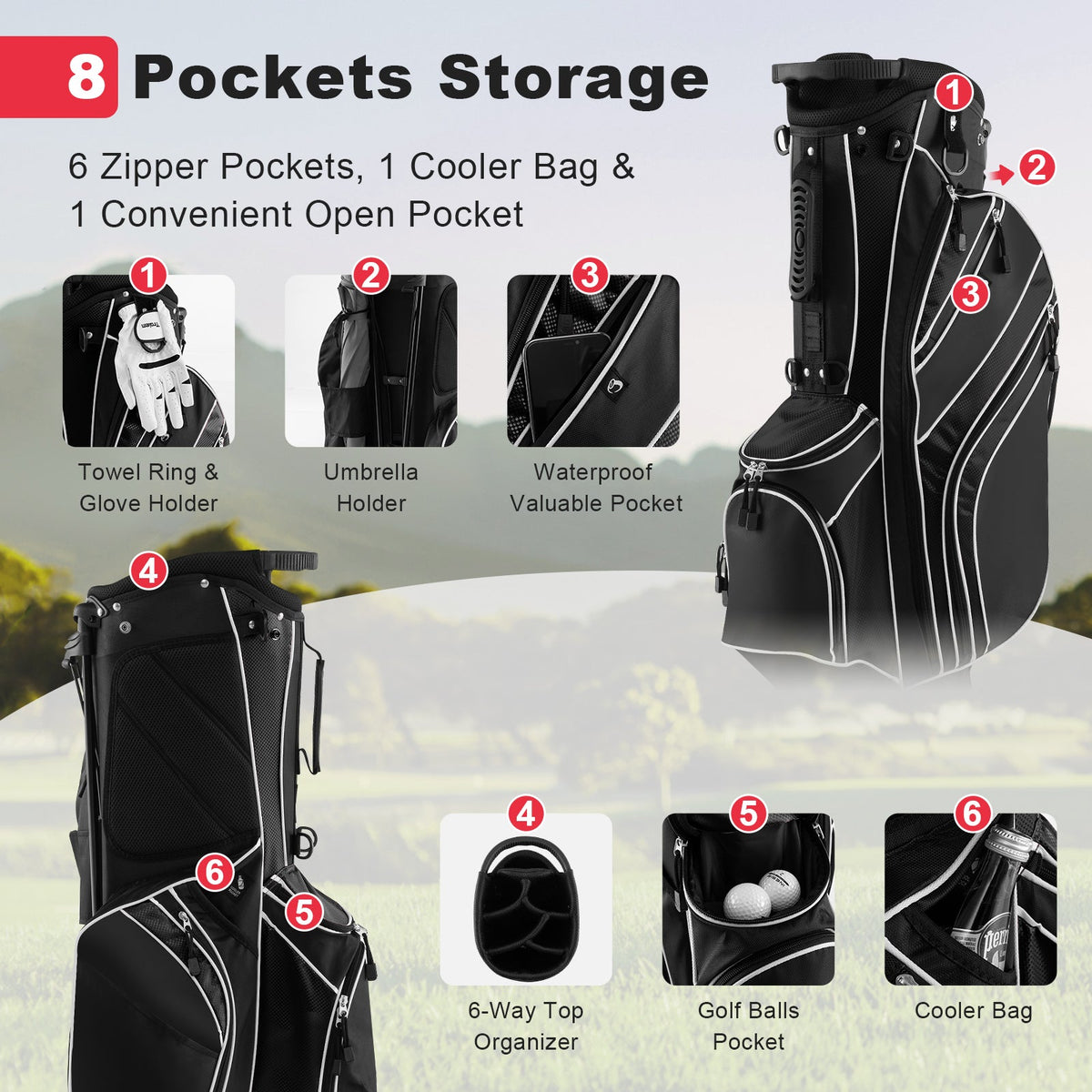 Golf Stand Cart Bag with 6-Way Divider Carry Pockets