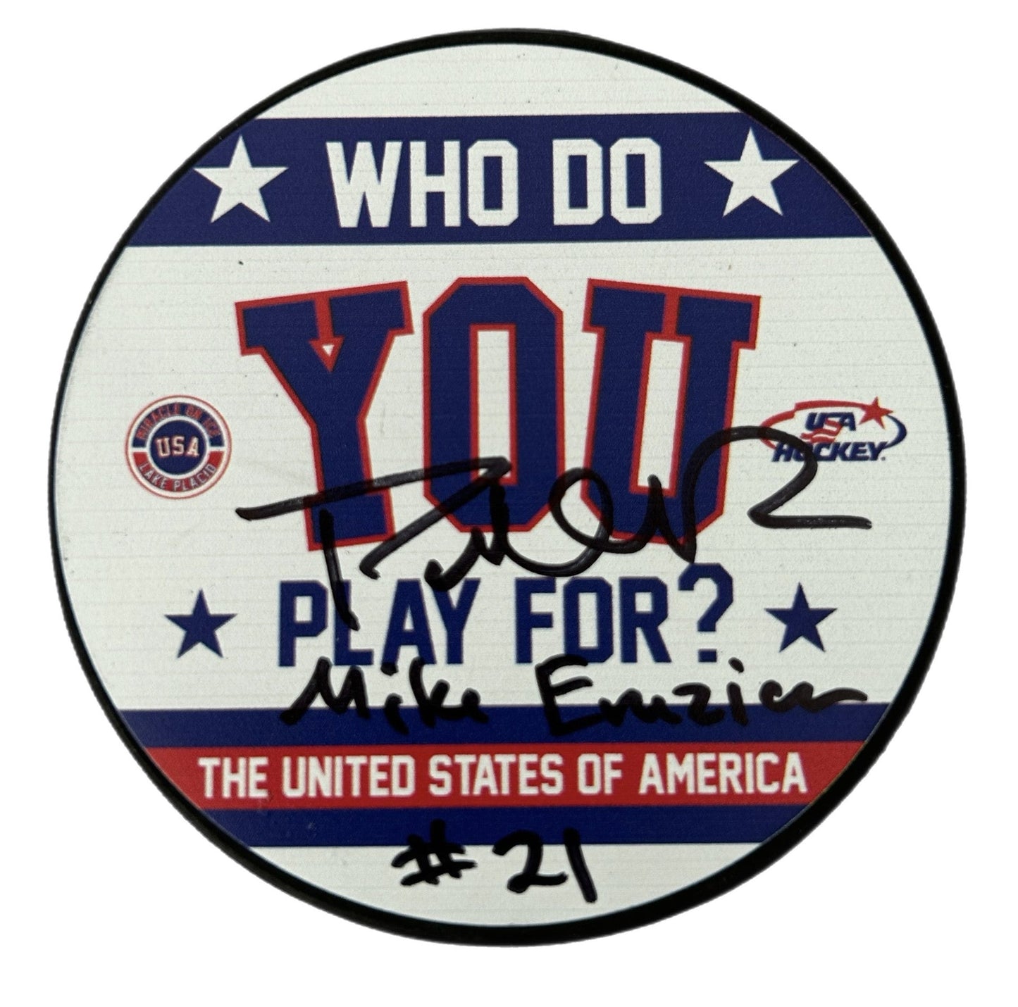 USA Hockey Miracle On Ice Hockey Who Do You Play For Puck Signed by Patrick O’Brien Demsey(Mike Eruzione)