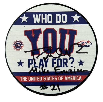 USA Hockey Miracle On Ice Hockey Who Do You Play For Puck Signed by Patrick O’Brien Demsey(Mike Eruzione)