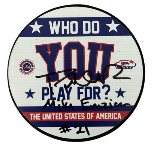 USA Hockey Miracle On Ice Hockey Who Do You Play For Puck Signed by Patrick O’Brien Demsey(Mike Eruzione)